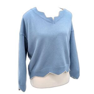 Scallop Edge Blue Vintage Ruffle V-Neck Granny Cabin Sweater Size Large